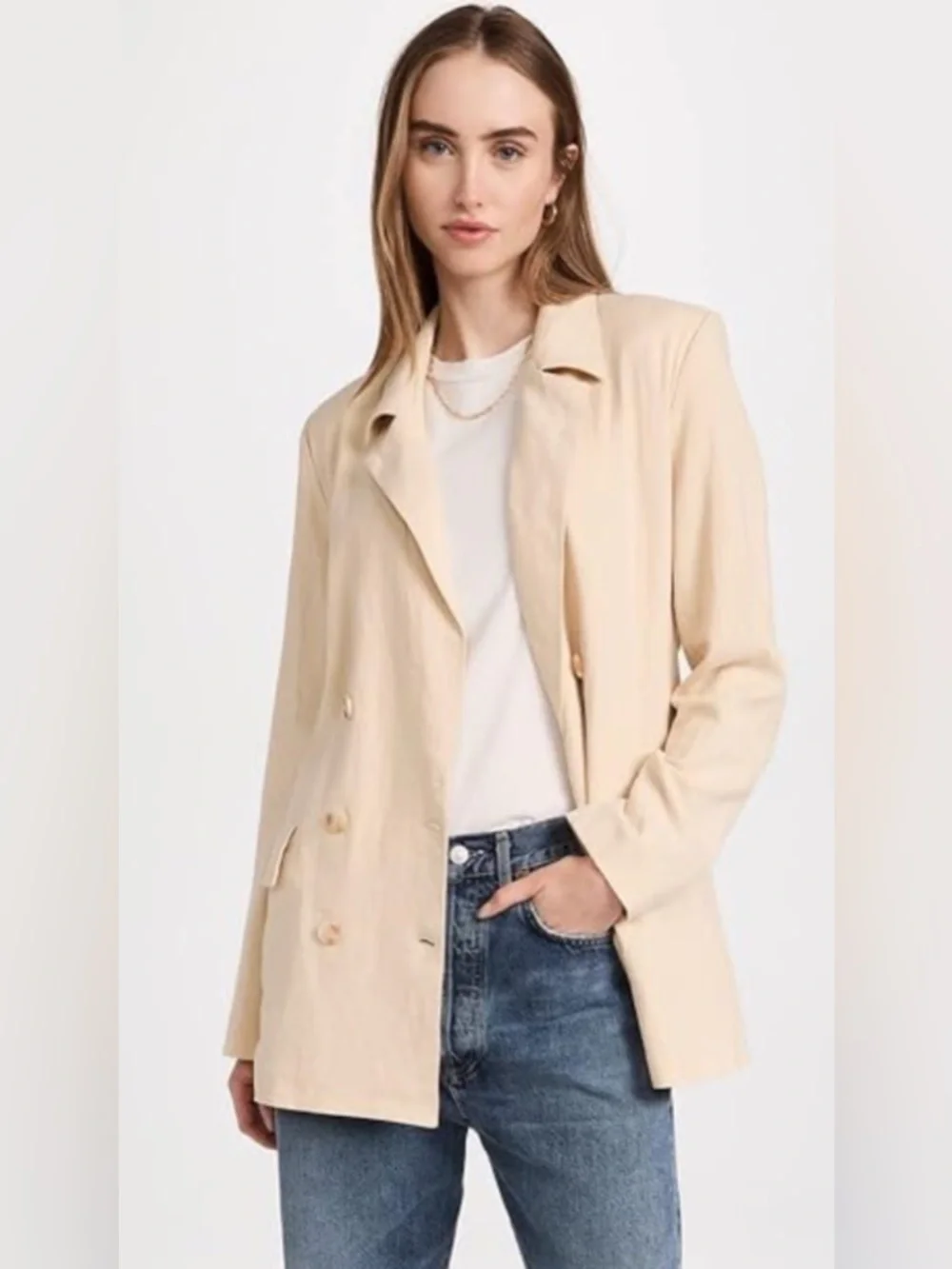 Free People Beige Double-Breasted Blazer Jacket